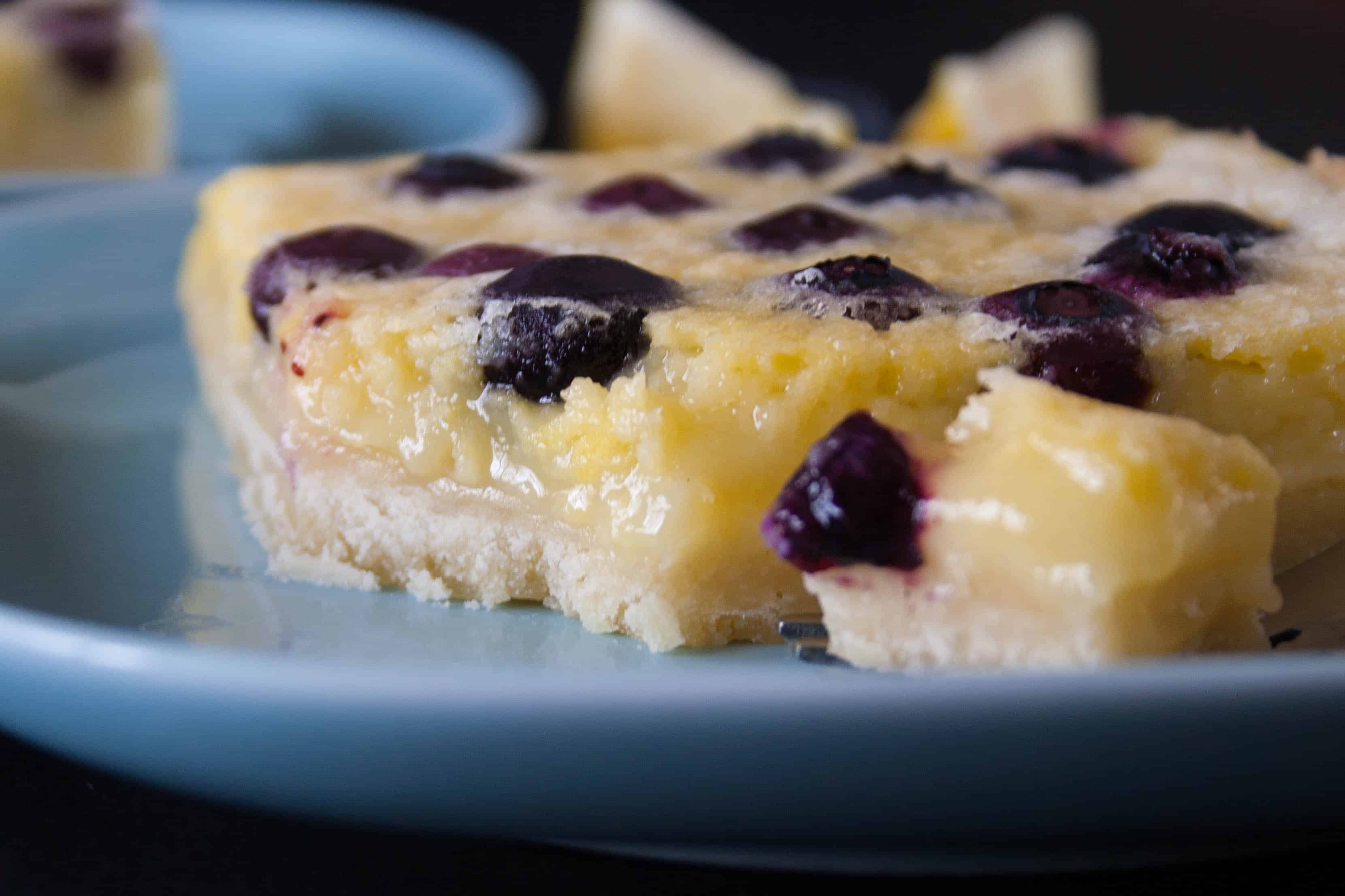 LEMON BLUEBERRY SQUARES. Tangy and sweet lemon curd with juicy blueberries over a buttery shortbread crust.