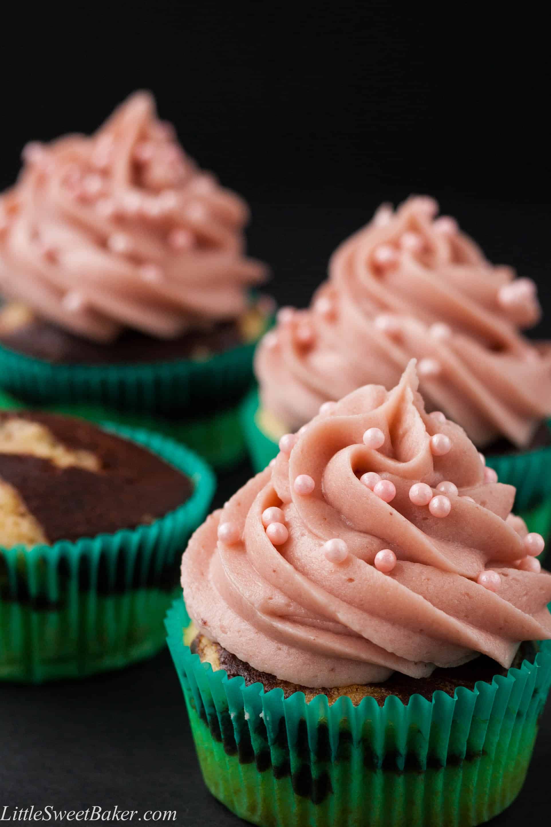 NEAPOLITAN CUPCAKES. Moist chocolate and vanilla marble cupcake with a strawberry buttercream. Easy to make and simple ingredients.