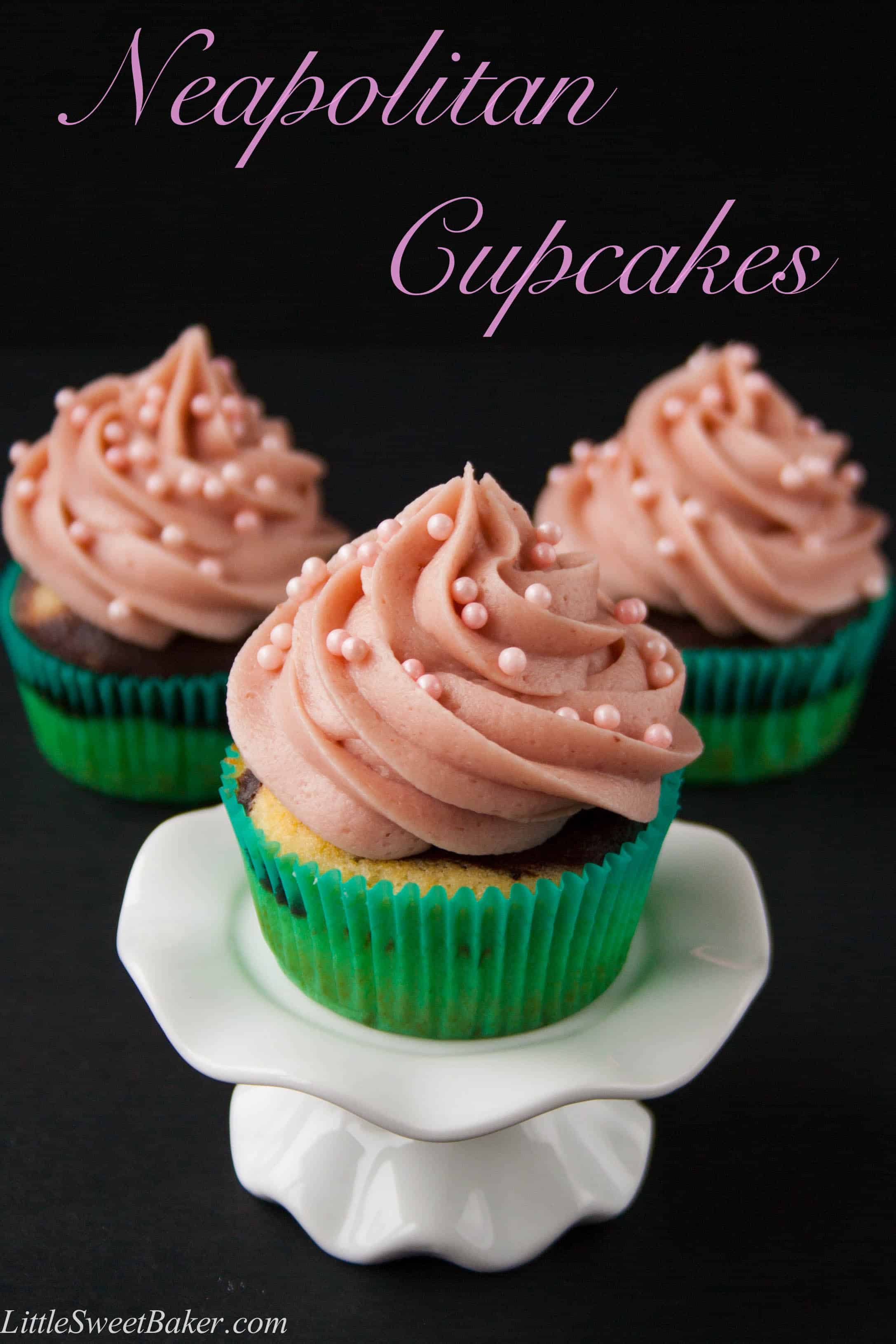 NEAPOLITAN CUPCAKES. Moist chocolate and vanilla marble cupcake with a strawberry buttercream. Easy to make and simple ingredients.