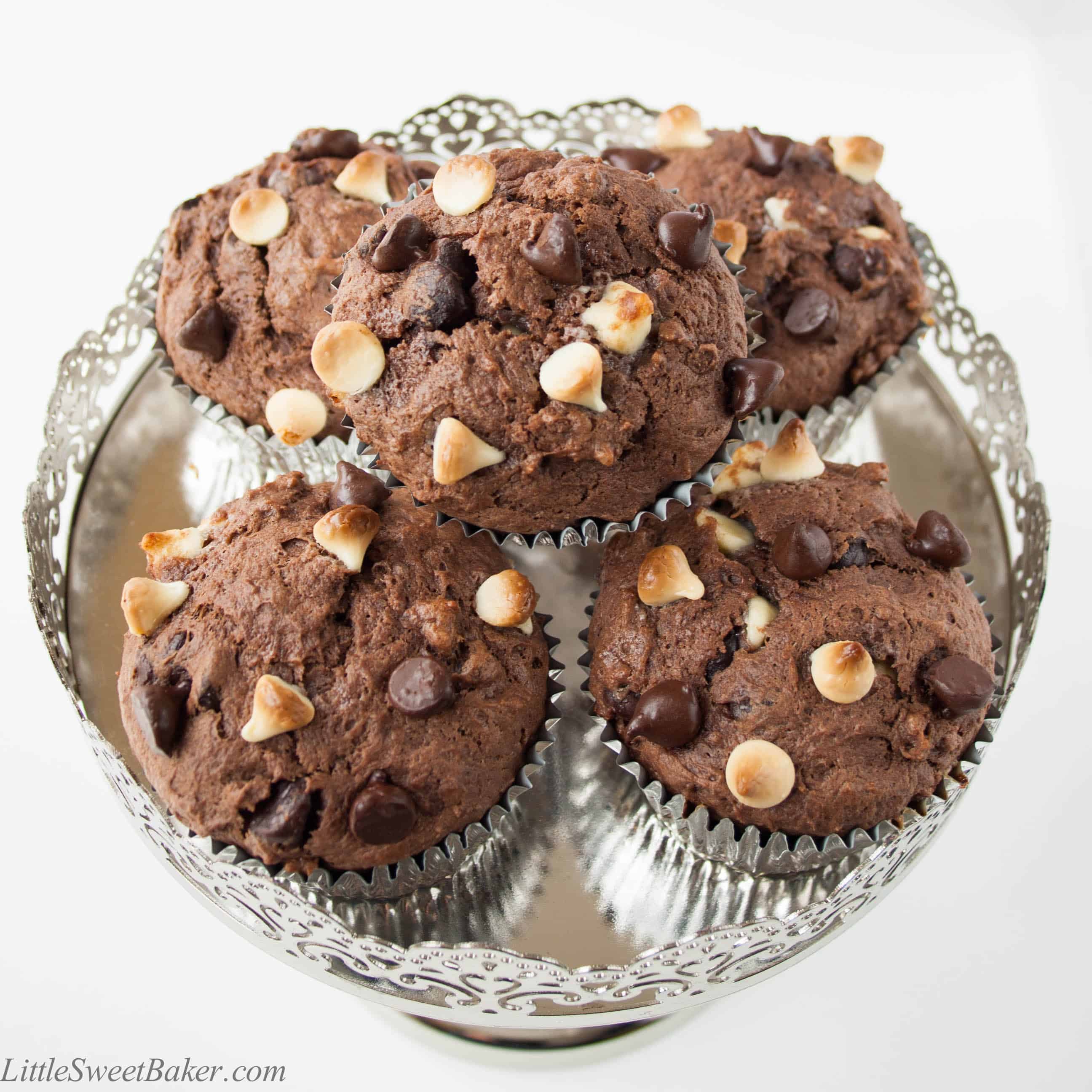 TRIPLE CHOCOLATE MUFFINS. Sour cream chocolate muffin with dark and white chocolate chips. Moist and full of chocolate-y flavors. Great for breakfast or as a snack.