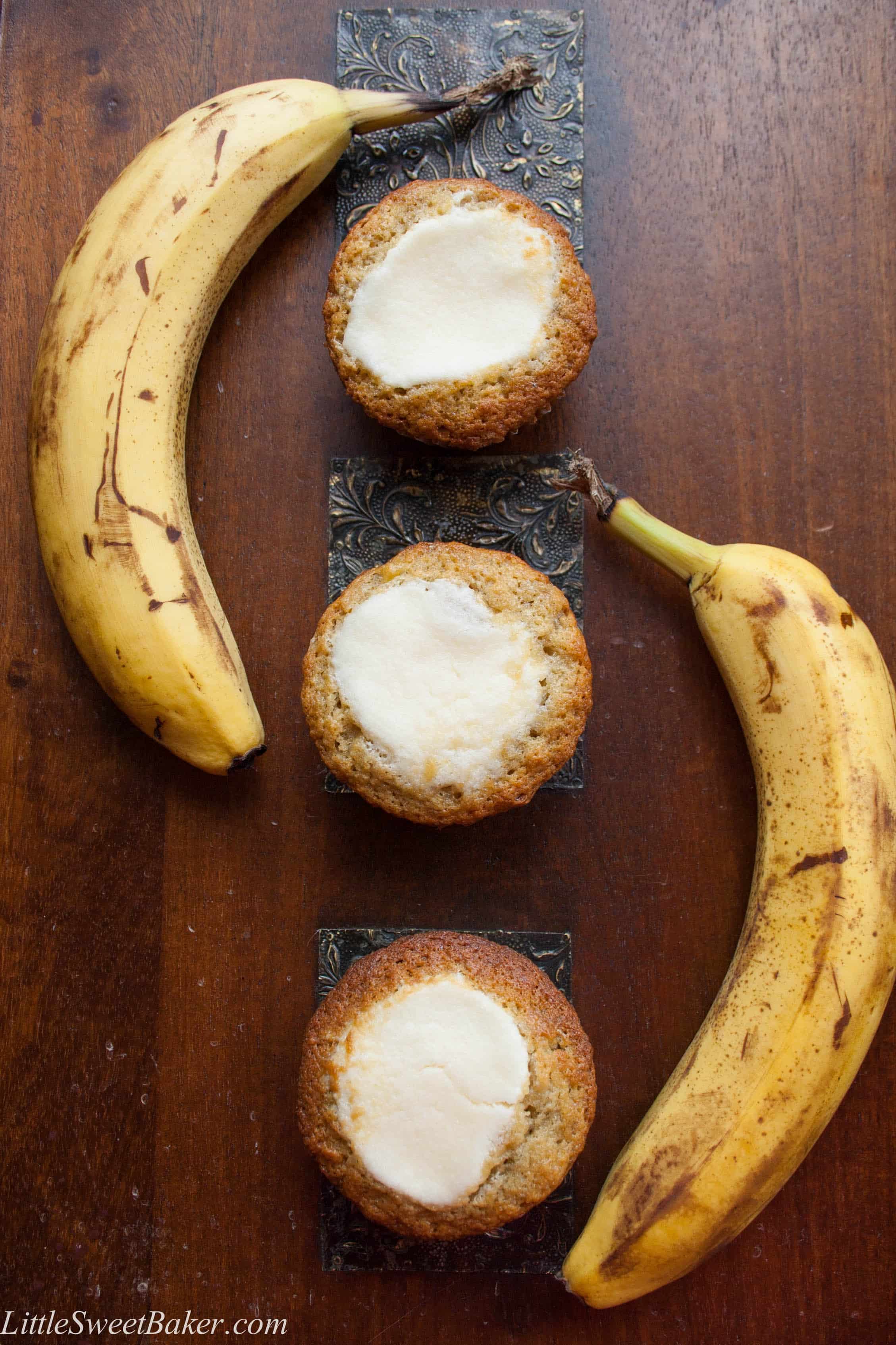 The Ultimate Best Banana Muffin. Light, fluffy and cake-like banana muffin with a cream cheese meringue baked on top. My favorite banana baked good.