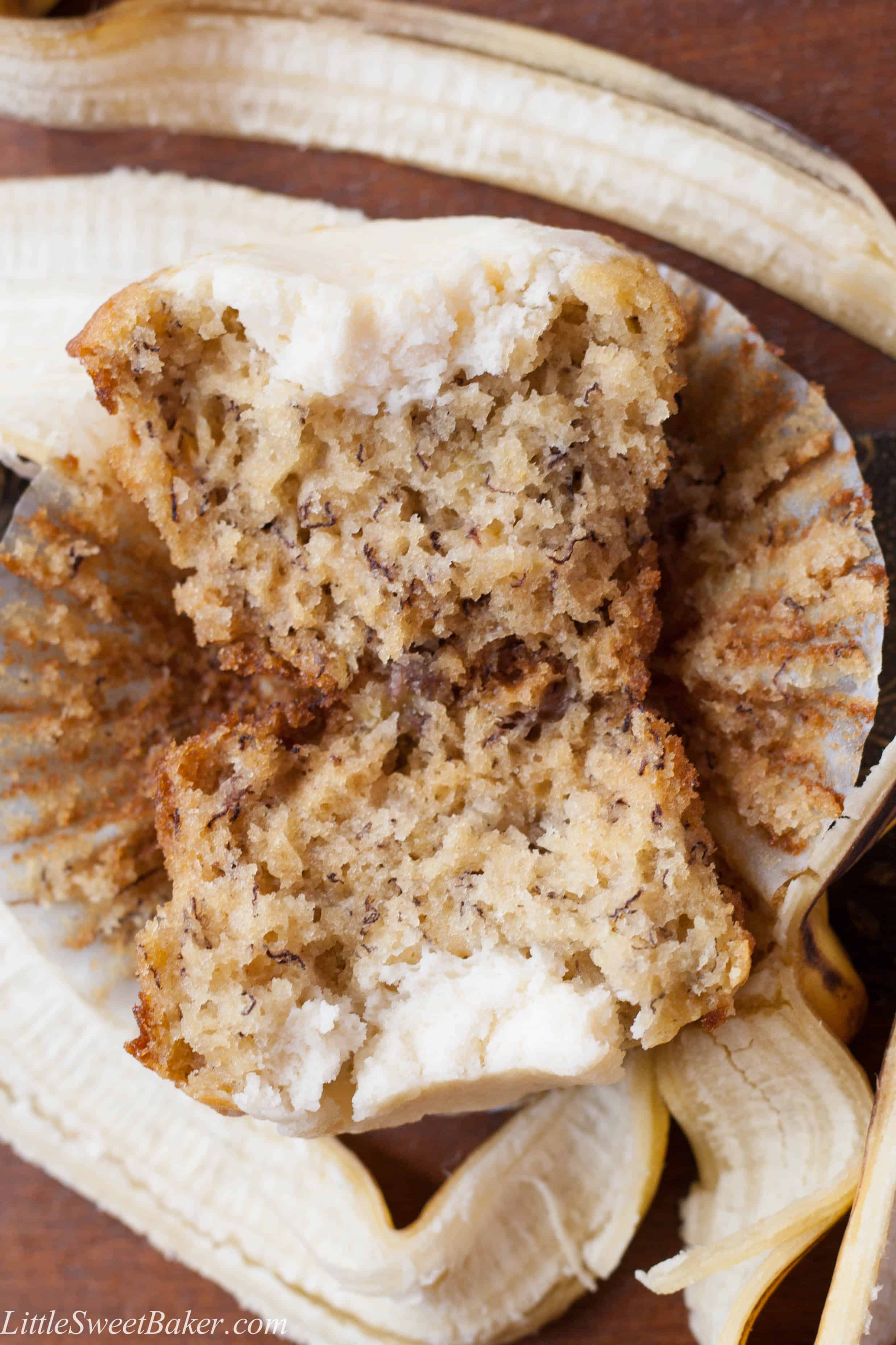 The Ultimate Best Banana Muffin. Light, fluffy and cake-like banana muffin with a cream cheese meringue baked on top. My favorite banana baked good.