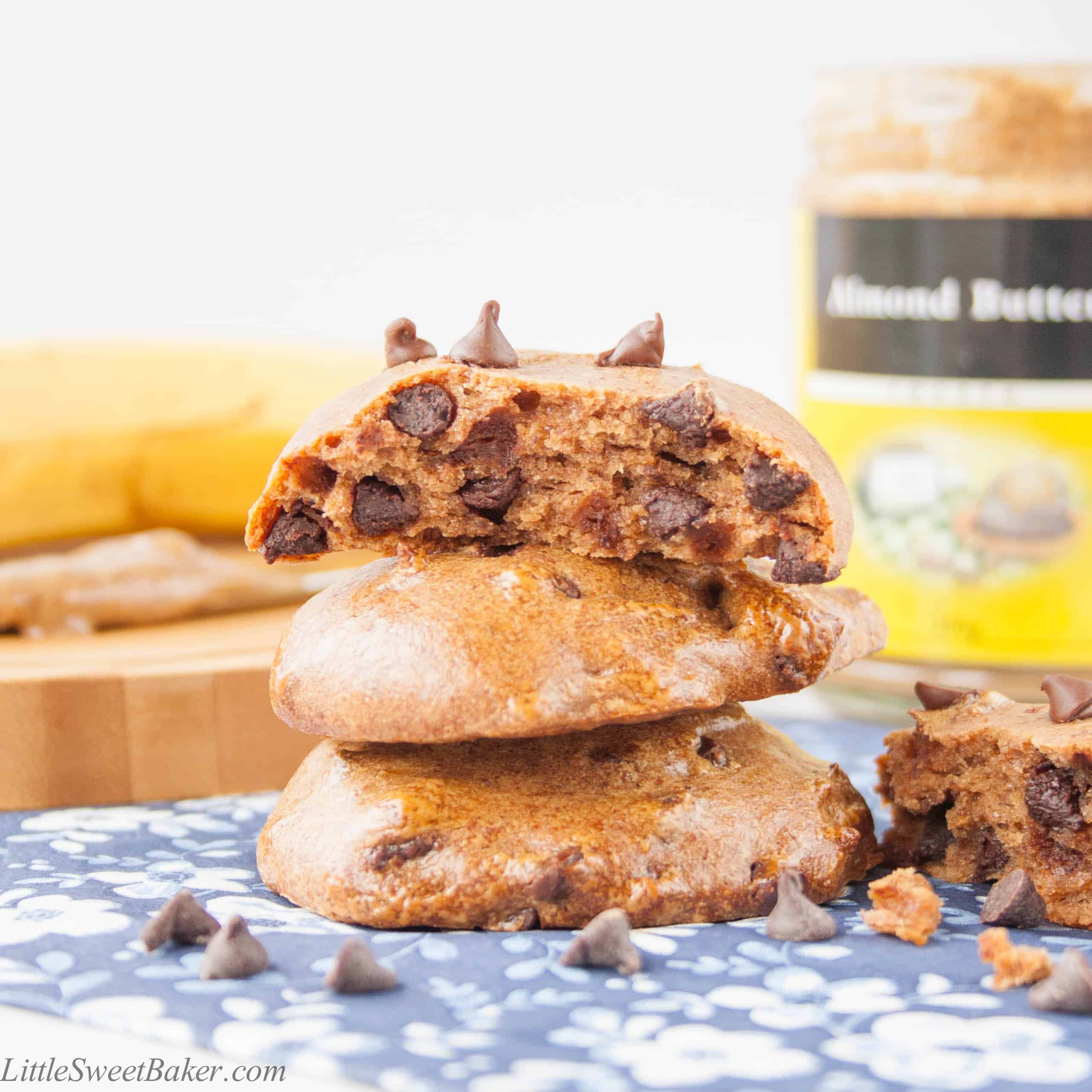 healthy flourless almond butter banana cookies with chocolate chips