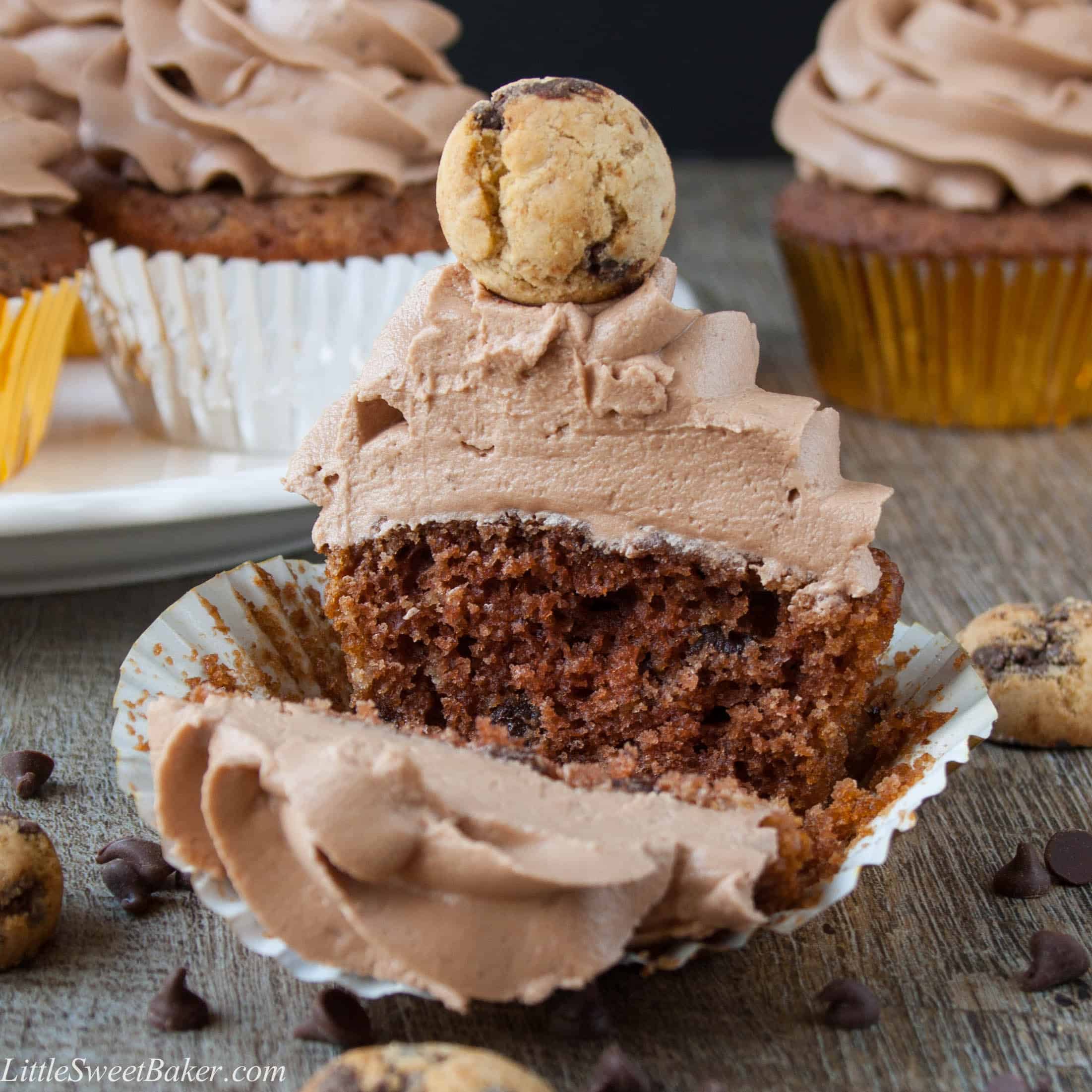 CHOCOLATE CHIP COOKIE CUPCAKES. A soft, moist and flavorful cookie butter cupcake topped with a chocolate cookie frosting. The ultimate chocolate chip cookie lover's dream.