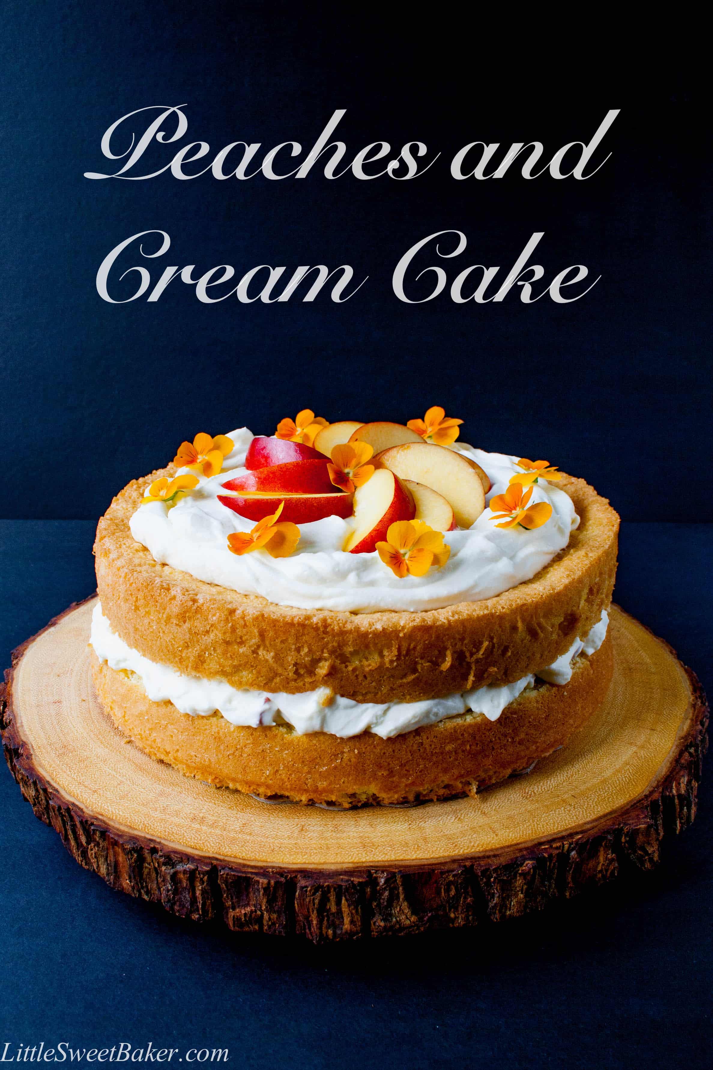 PEACHES AND CREAM CAKE. A simple 3-ingredient sponge cake with a fresh peaches and cream filling and finished with a cloud of whipped topping.