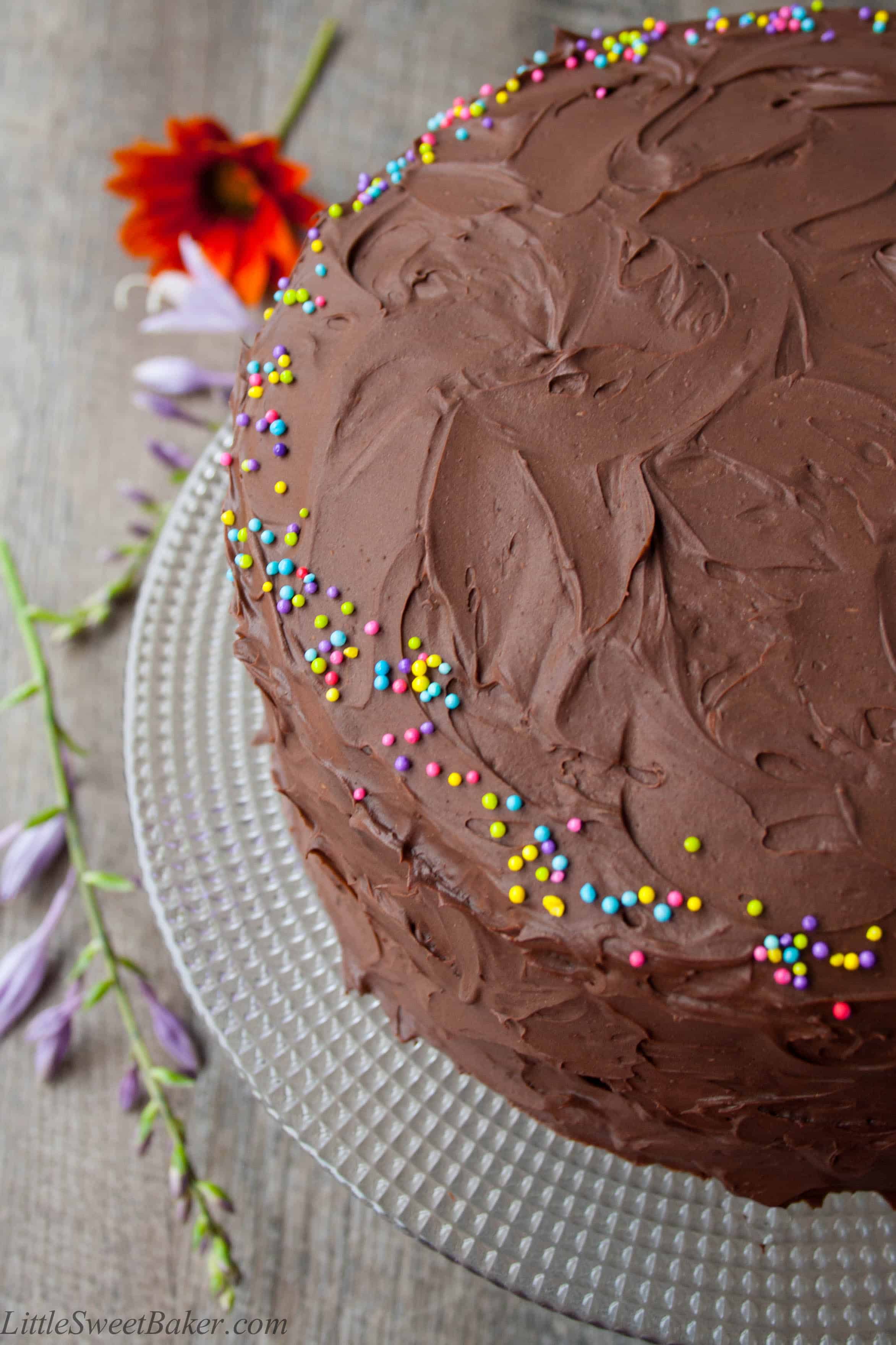 CHOCOLATE BIRTHDAY CAKE. A decadent 3-layer chocolate cake surrounded with the most luxurious rich chocolate frosting. Perfect for any occasion.