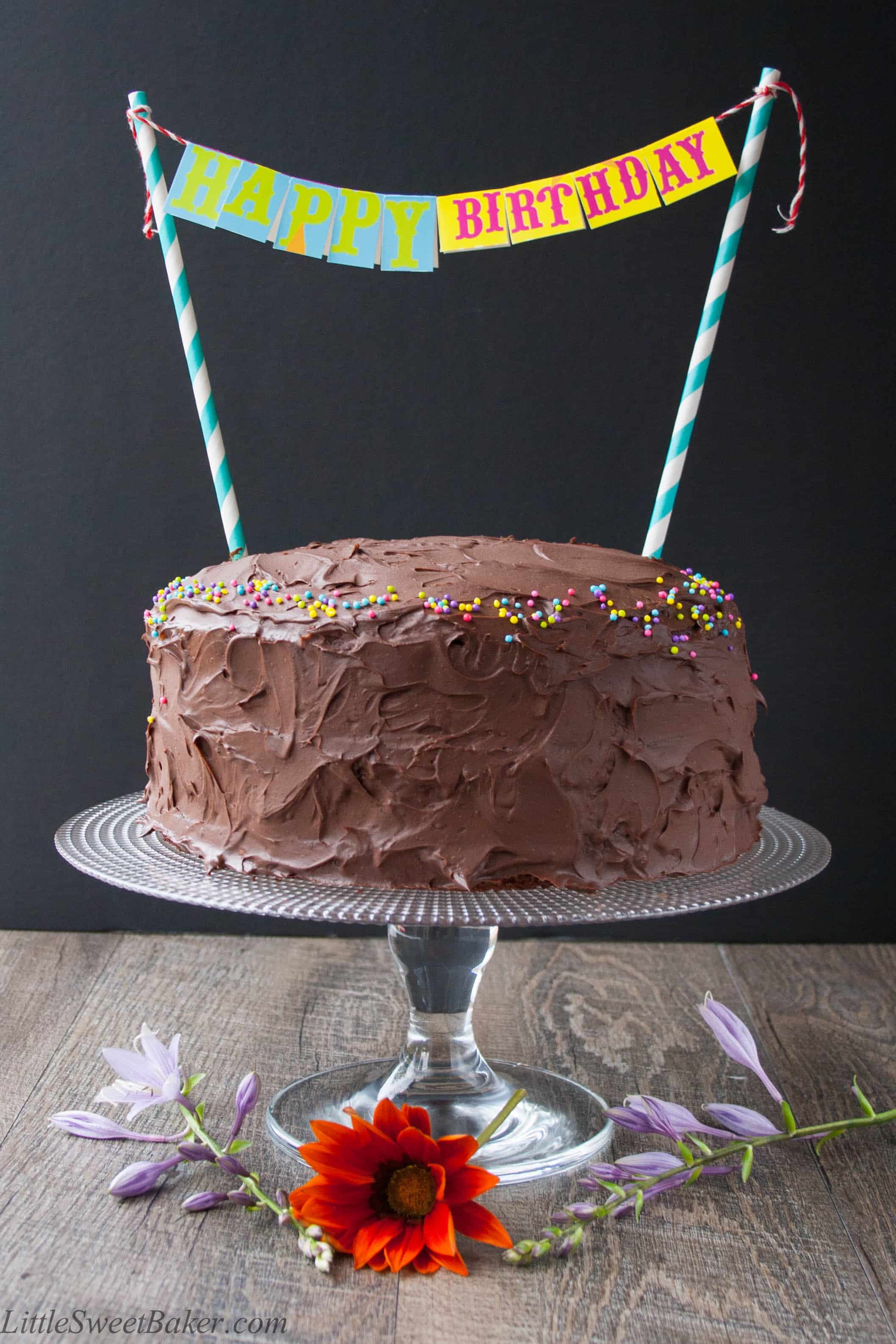 CHOCOLATE BIRTHDAY CAKE. A decadent 3-layer chocolate cake surrounded with the most luxurious rich chocolate frosting. Perfect for any occasion.