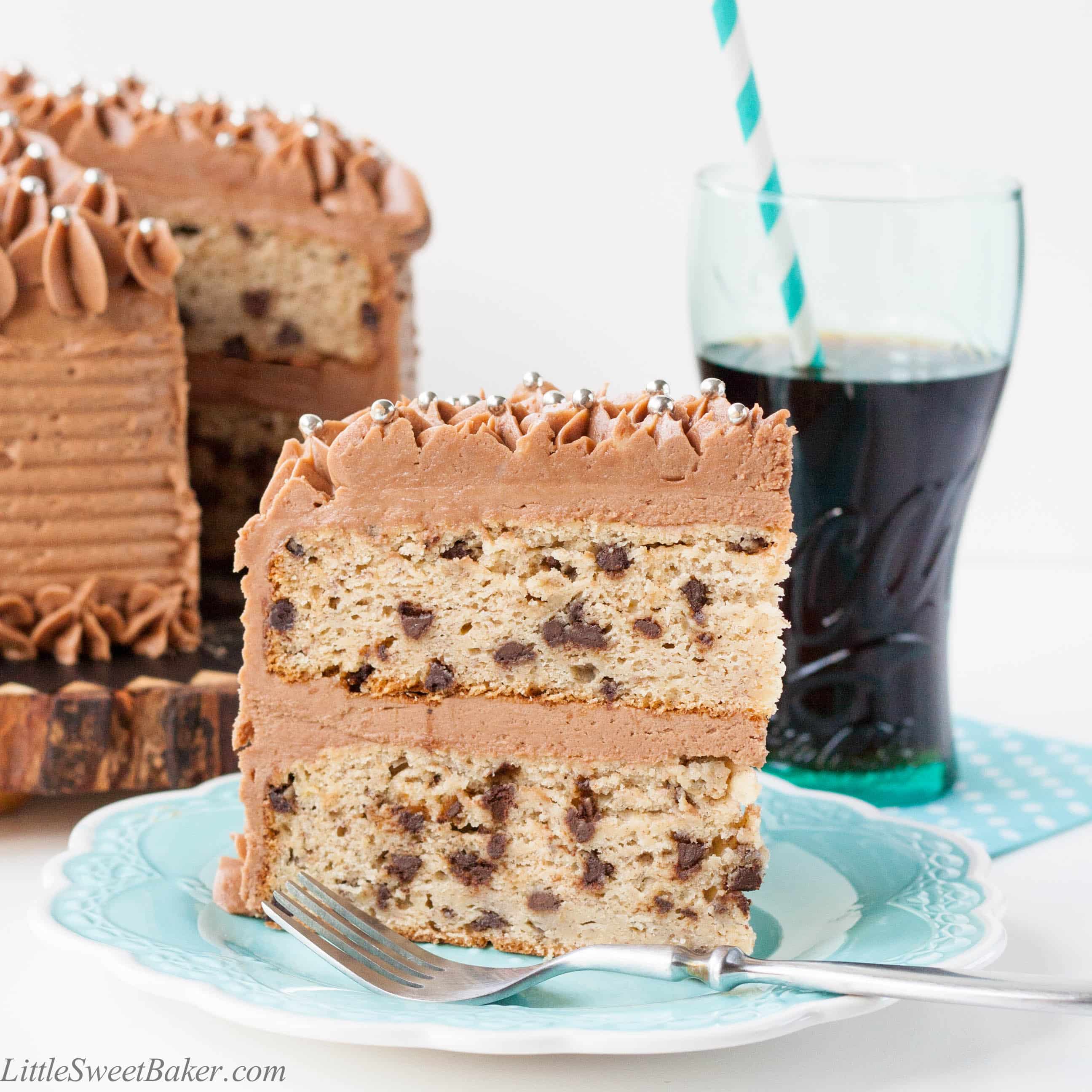 BANANA CHOCOLATE CHIP CAKE WITH MILK CHOCOLATE FROSTING. A deliciously moist chocolate chip banana cake surrounded with a real milk chocolate buttercream.