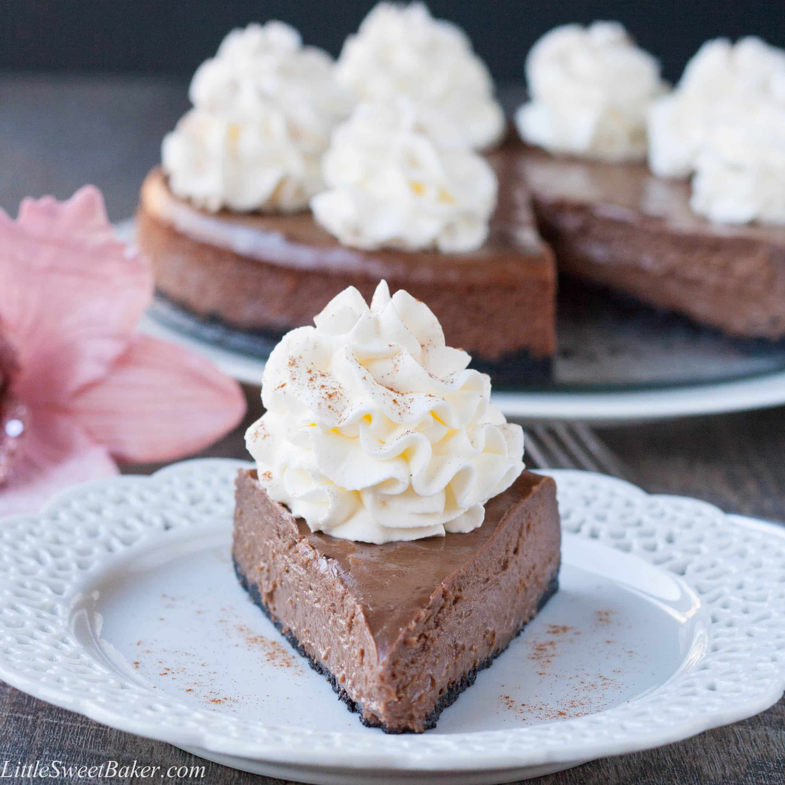 CHOCOLATE CINNAMON CHEESECAKE. Super easy to make, only 6 ingreds, 15mins prep, 40mins bake time, in less than an hour, you have a delicious, chocolatey, melt-in-your-mouth dessert.