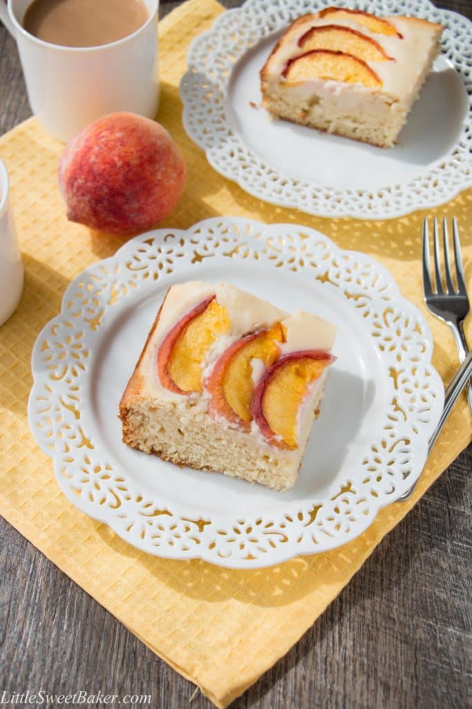 PEACHES AND CREAM COFFEE CAKE. A delicious sour cream coffee cake, topped with a velvety cream cheese mousse and juicy fresh peaches. Melt-in-your-mouth good!