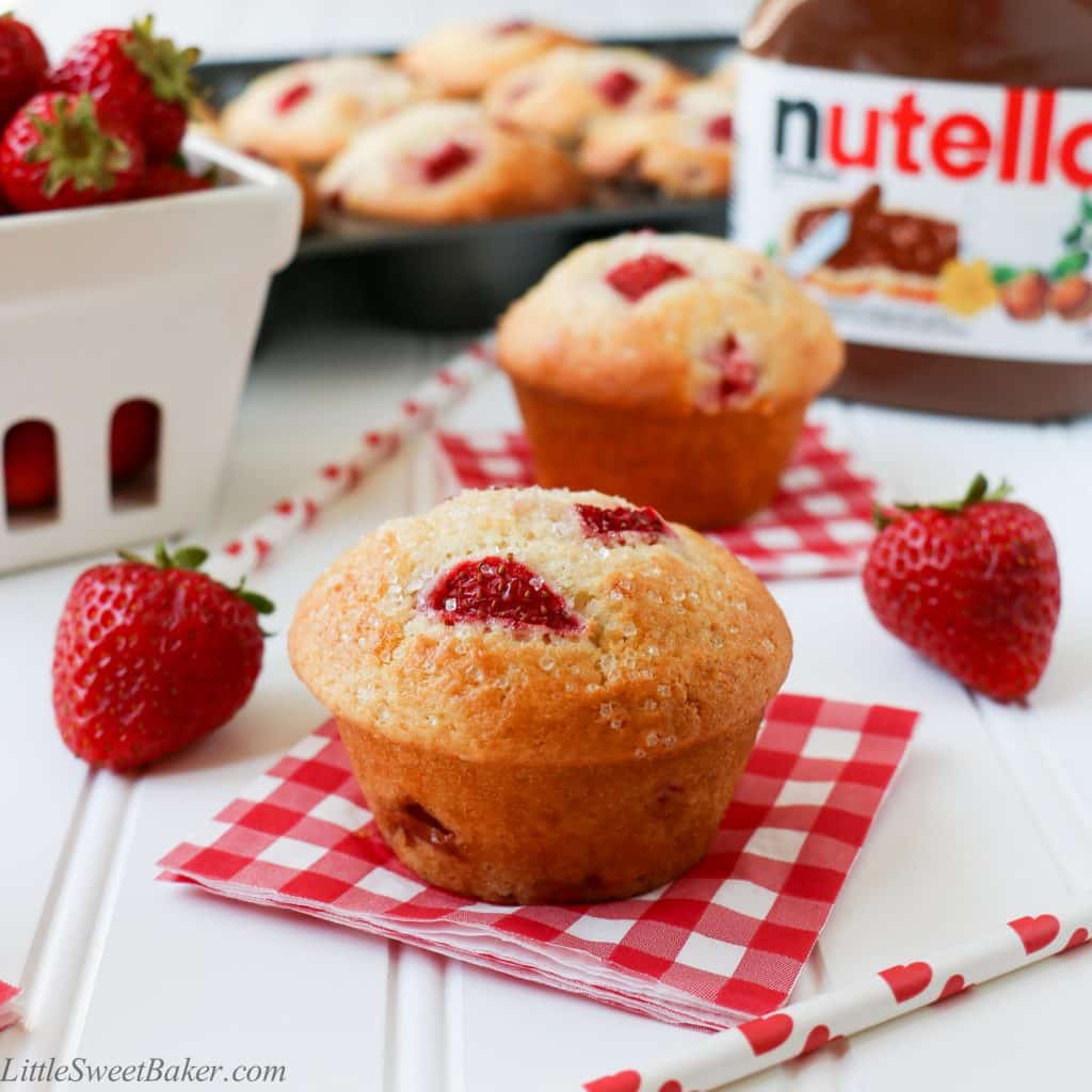 NUTELLA STUFFED STRAWBERRY MUFFINS. A delicious, soft, moist and fluffy muffin, loaded with fresh juicy strawberries and filled with Nutella inside! Quick and easy to make.