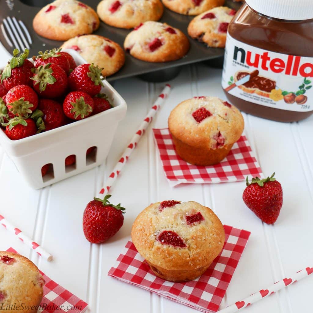 NUTELLA STUFFED STRAWBERRY MUFFINS. A delicious, soft, moist and fluffy muffin, loaded with fresh juicy strawberries and filled with Nutella inside! Quick and easy to make.