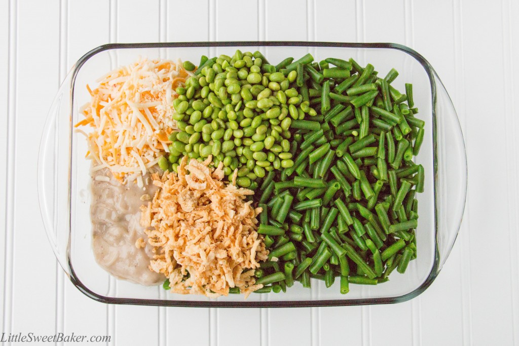 GREEN BEAN EDAMAME CASSEROLE. A new twist to old-time favorite! Green beans and edamame baked in a creamy mushroom sauce and topped with crunchy fried onions. I make this for every Thanksgiving and Christmas dinner.
