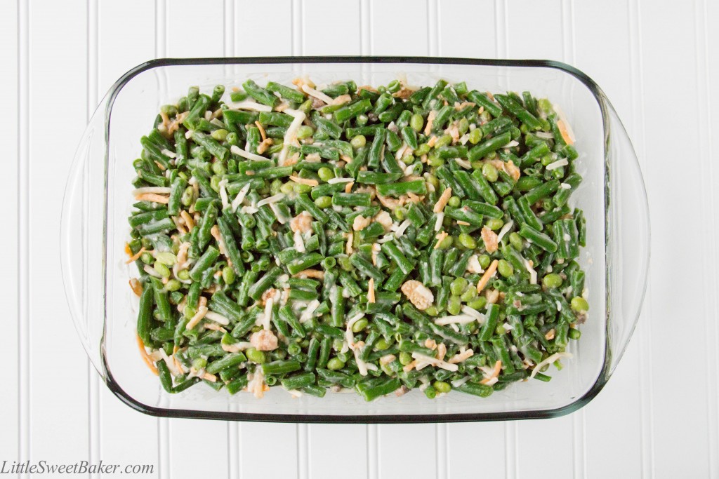 GREEN BEAN EDAMAME CASSEROLE. A new twist to old-time favorite! Green beans and edamame baked in a creamy mushroom sauce and topped with crunchy fried onions. I make this for every Thanksgiving and Christmas dinner.