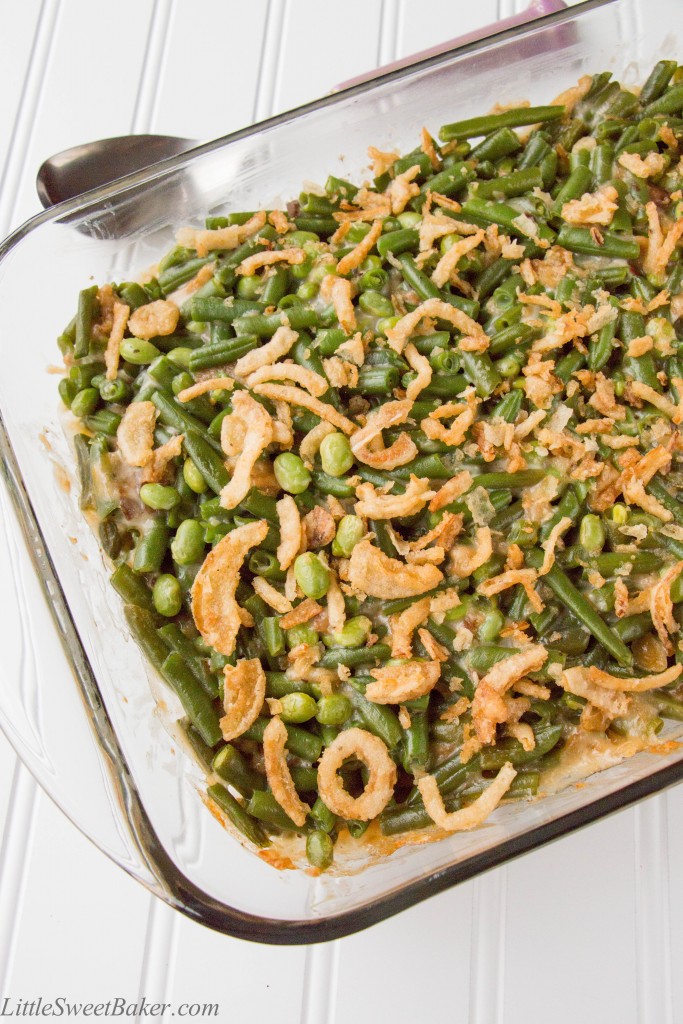 GREEN BEAN EDAMAME CASSEROLE. A new twist to old-time favorite! Green beans and edamame baked in a creamy mushroom sauce and topped with crunchy fried onions. I make this for every Thanksgiving and Christmas dinner.