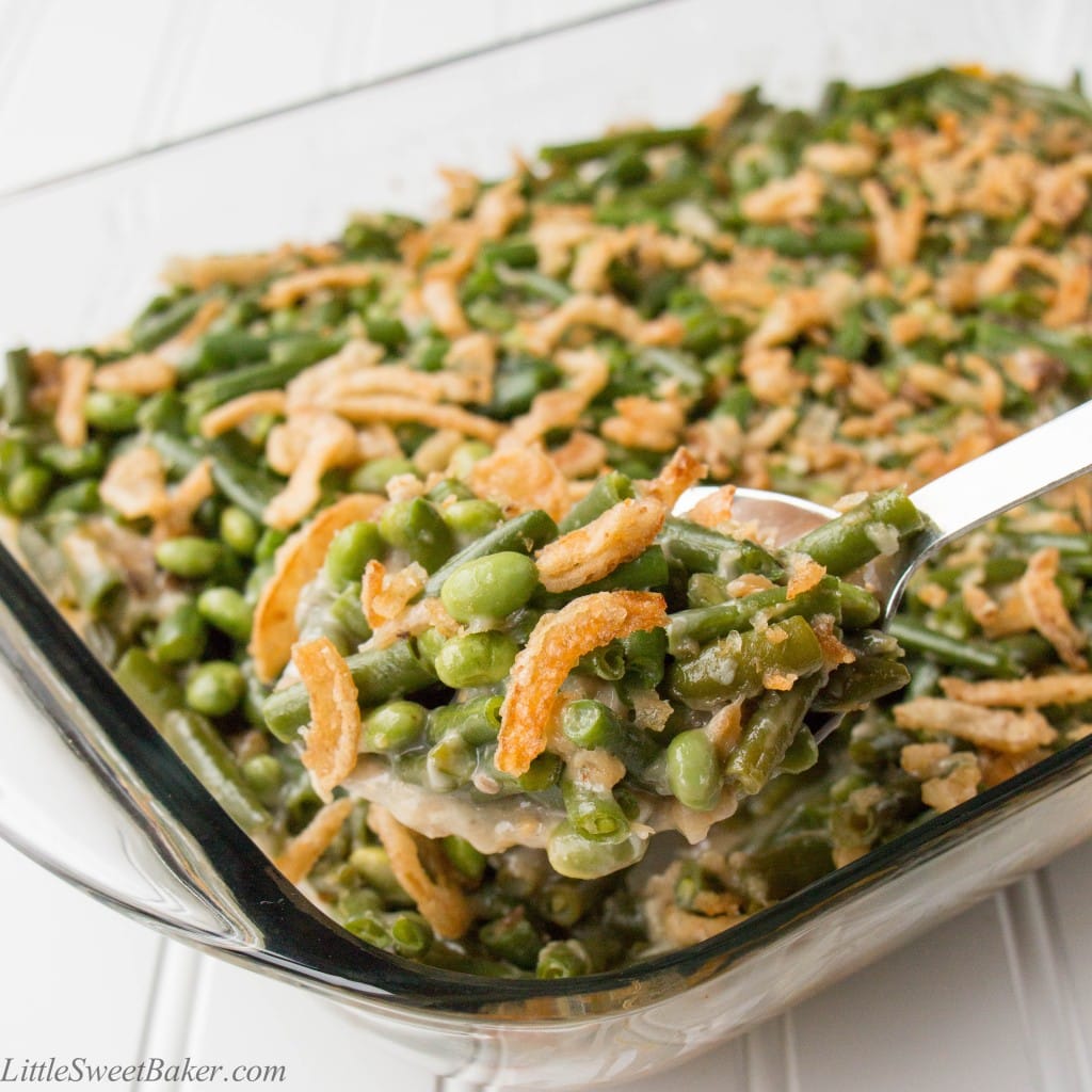 GREEN BEAN EDAMAME CASSEROLE. A new twist to old-time favorite! Green beans and edamame baked in a creamy mushroom sauce and topped with crunchy fried onions. I make this for every Thanksgiving and Christmas dinner.