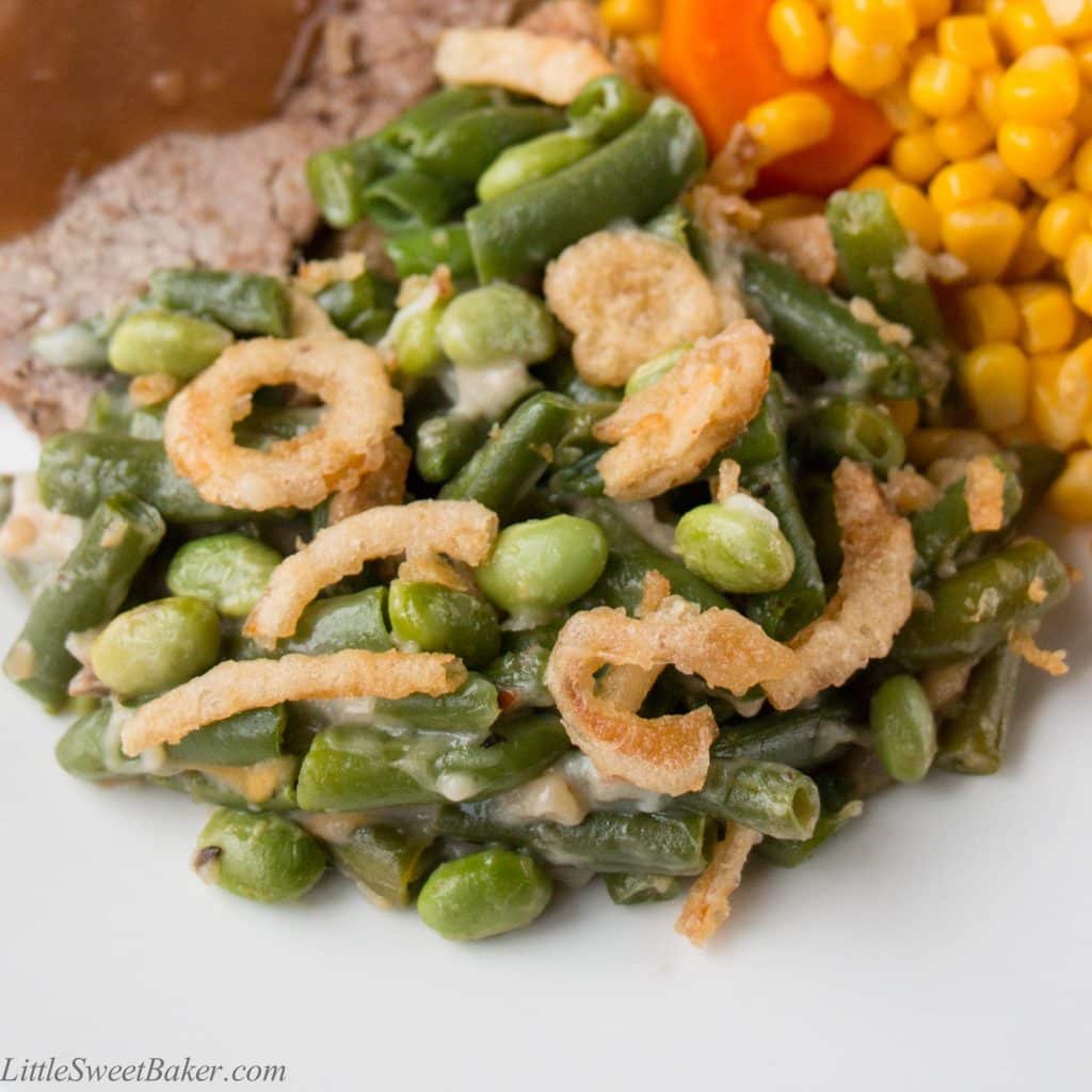 GREEN BEAN EDAMAME CASSEROLE. A new twist to old-time favorite! Green beans and edamame baked in a creamy mushroom sauce and topped with crunchy fried onions. I make this for every Thanksgiving and Christmas dinner.