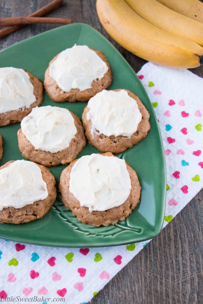 FROSTED BANANA COOKIES. Delicious and soft, cake-like cookies topped with a sweet and tangy cream cheese frosting. A great way to use up overripe bananas, that's faster and easier than making banana bread.