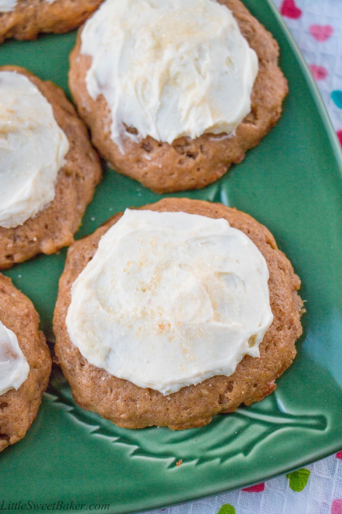 FROSTED BANANA COOKIES. Delicious and soft, cake-like cookies topped with a sweet and tangy cream cheese frosting. A great way to use up overripe bananas, that's faster and easier than making banana bread.