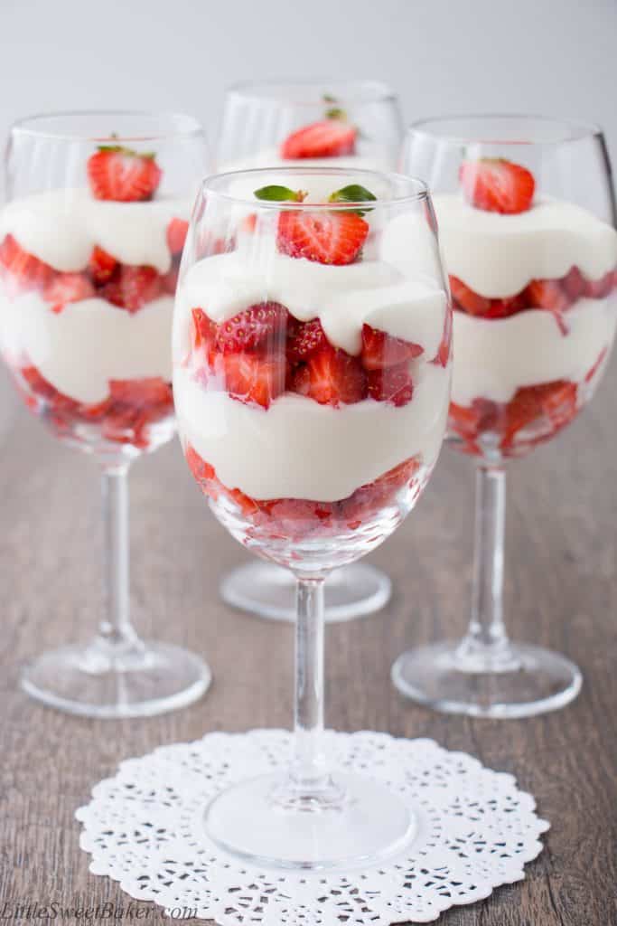 A velvety smooth white chocolate mousse paired with fresh ripe strawberries. Just 4 ingredients to make this simple and elegant dessert.