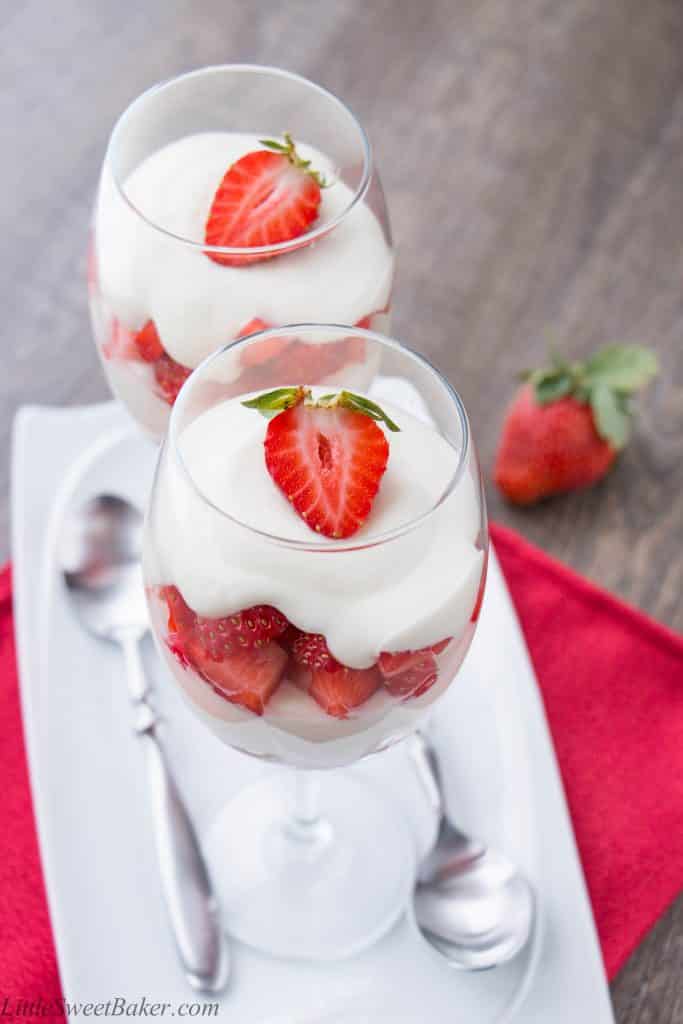 A velvety smooth white chocolate mousse paired with fresh ripe strawberries. Just 4 ingredients to make this simple and elegant dessert.