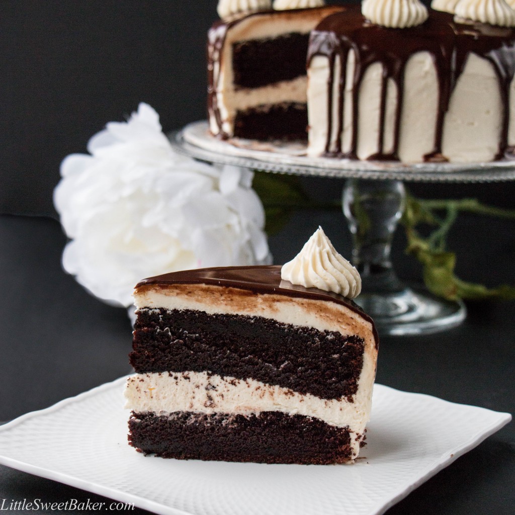 TRIPLE CHOCOLATE CAKE. A rich dark chocolate fudge cake surrounded with a creamy white chocolate buttercream and topped with a smooth chocolate ganache. This cake will have you saying "OMG!" It's that good.