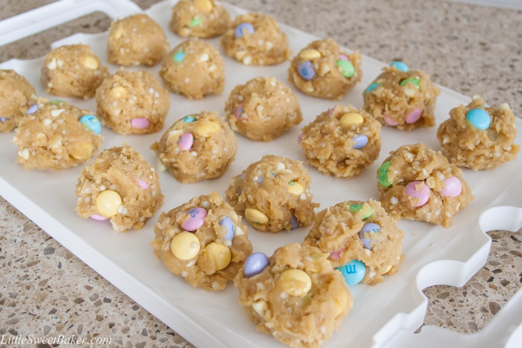 These delicious soft and chewy cookies are filled with crunchy M&M's and creamy white chocolate. These cute little cookies are perfect for Easter and Spring.