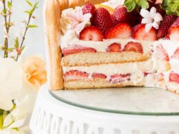 Diplomat Cake or Charlotte Cake with Strwaberries and Lady Fingers in Baking  Pan on a Wooden Table with Yellow Background / Focus Stock Image - Image of  food, background: 138065587