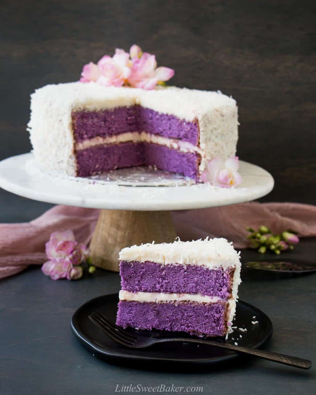 Ube Cake With Coconut Frosting Little Sweet Baker